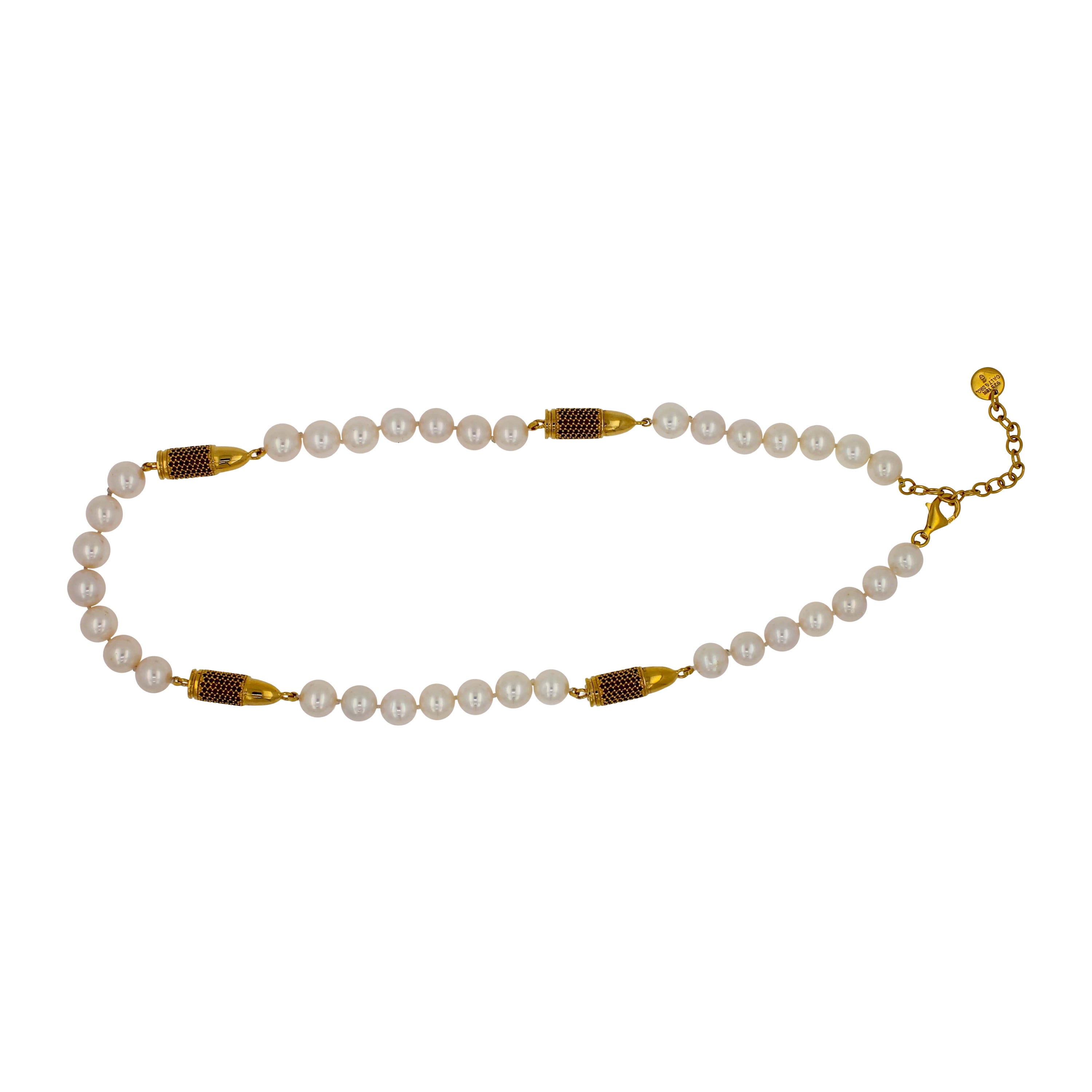 Red Garnet Pave Set Gold Bullet Rocket White Pearl Silver 18K Vermeil Necklace
*Genuine Red Garnet Gemstones 5.00 CTW
* Natural White Pearls
* 18K Yellow Gold Vermeil
* 18 to 20 Inches Adjustable Clasp