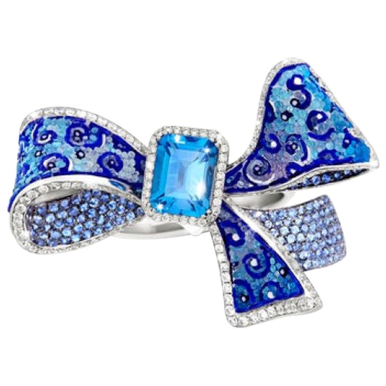 For Sale:  Cocktail Ribbon Ring Topaz White Gold White Diamonds Handdecorated Micromosaic