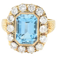 Vintage 4.92 Carats Aquamarine Old European Cut Diamond 14 Karat Gold Halo Ring