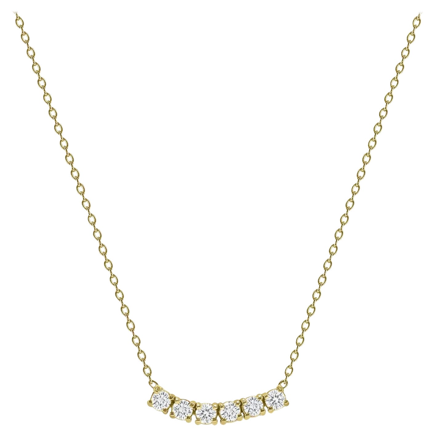 14k Yellow Gold 0.75 Carat Petite Round Diamond Six Stone Curved Necklace For Sale