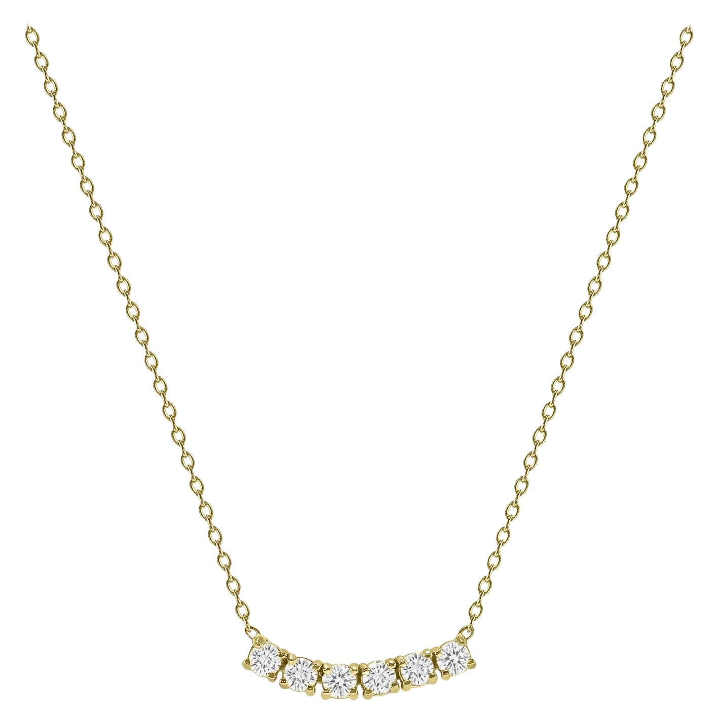14k Yellow Gold 1 Carat Petite Round Diamond Six Stone Curved Necklace For Sale