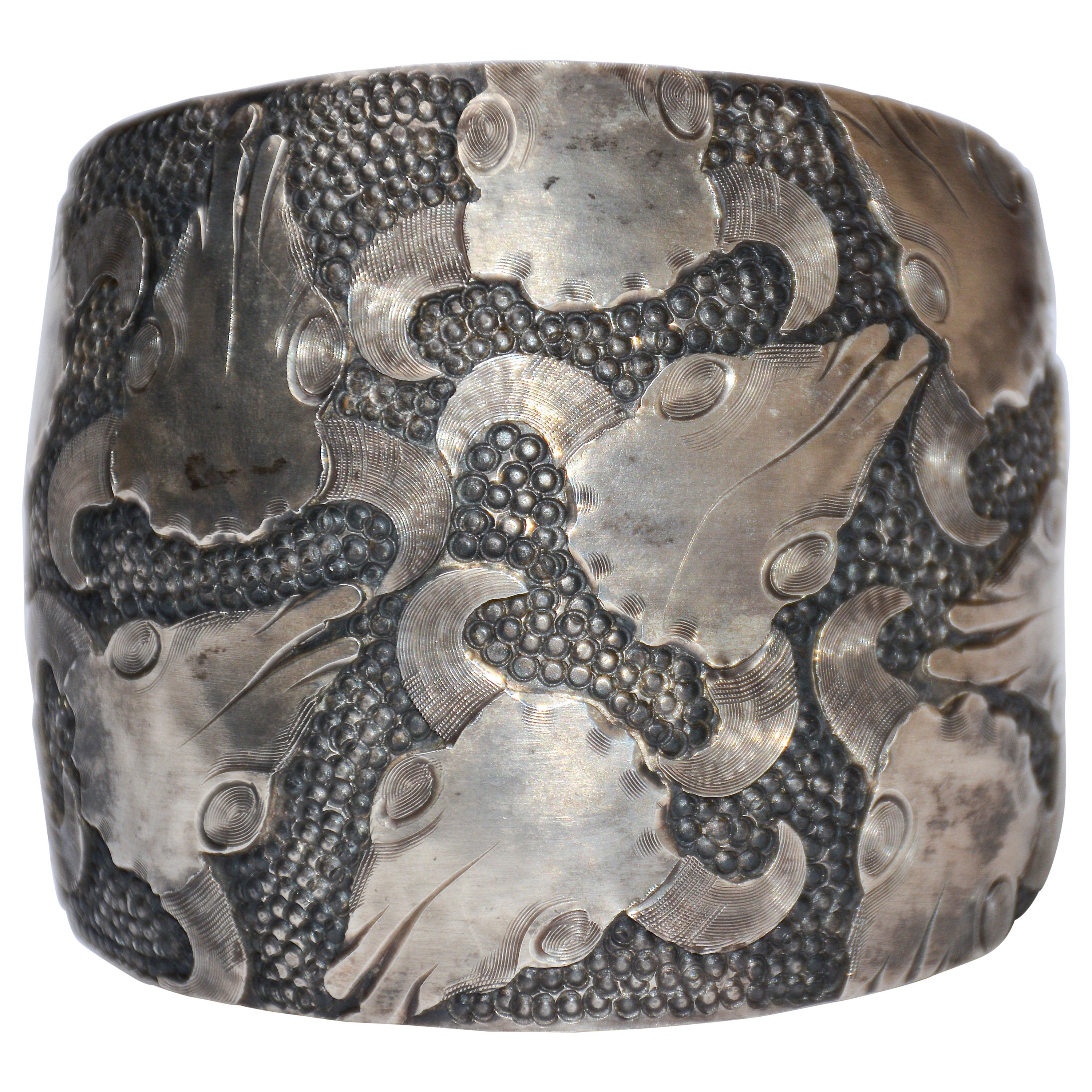 Sterling Silver Cuff Bracelet with Buffalo Skull Design by Jeremiah Watt For Sale