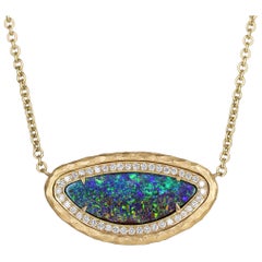 Rainbow Fire Boulder Opal White Diamond Gold Drop Necklace, Pamela Froman 2022