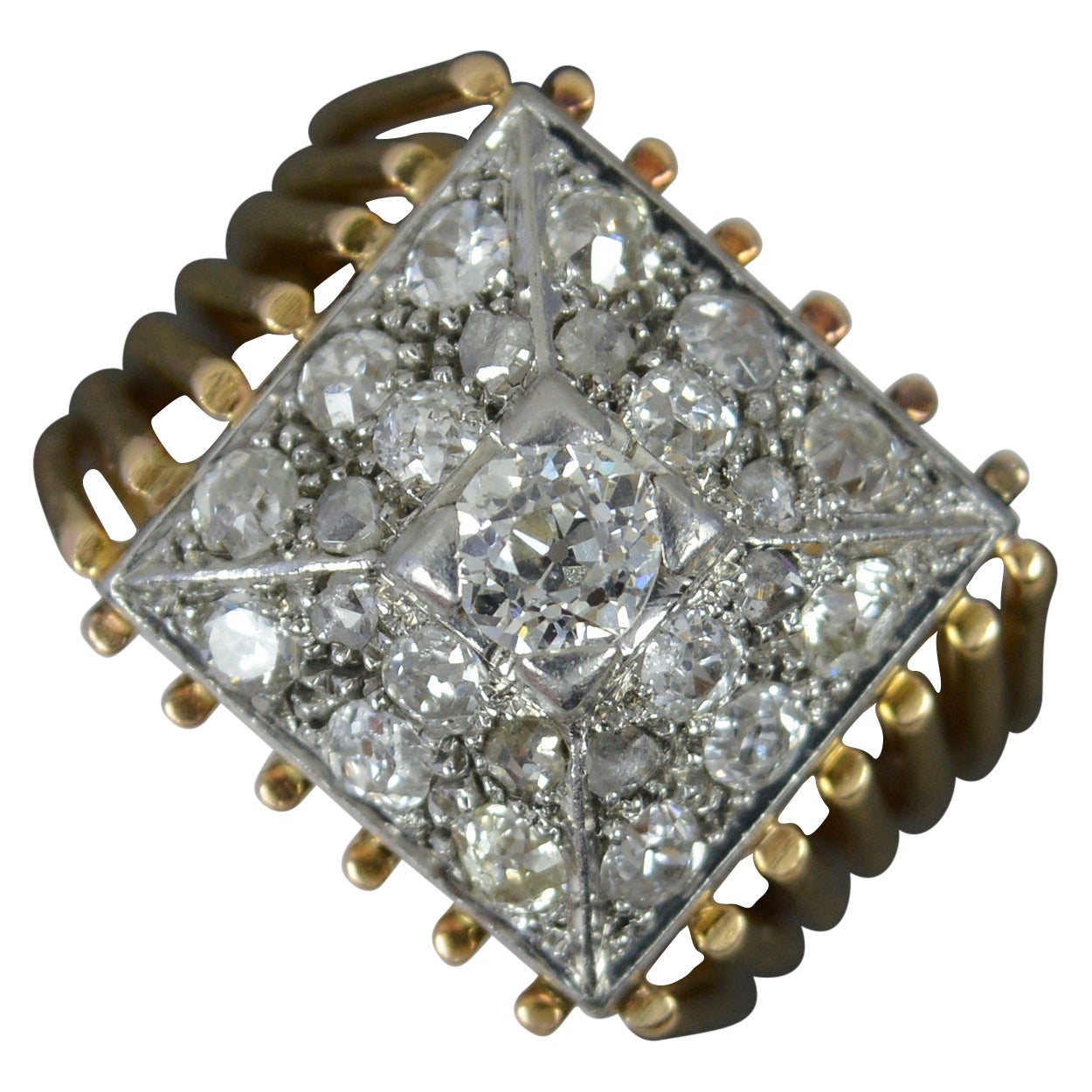 Antique Heavy 18ct Gold and Old Cut Diamond Square Cluster Ring For Sale