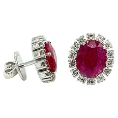 No Heat 3 Carat Oval Cut Ruby and Diamond Halo Stud Earrings in 18K White Gold