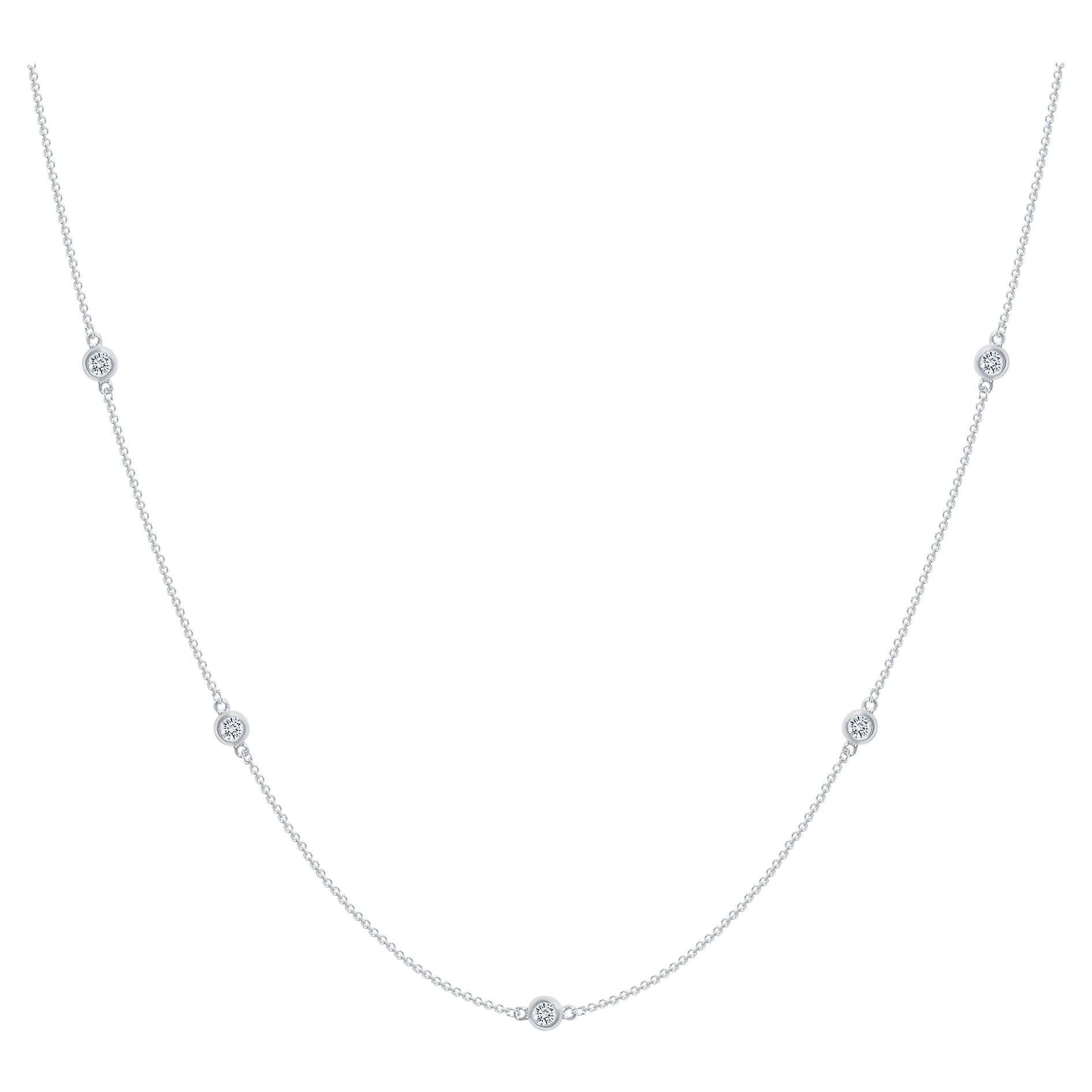 14k White Gold 1 Carat Diamond by the Yard Round-Cut Bezel Necklace For Sale