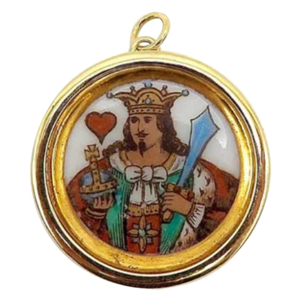 Pendentif en or 14k de l'époque victorienne "Roi des cœurs" avec marqueur de whist