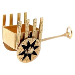 14k Gold Vintage European Cart Charm With Black Enamel