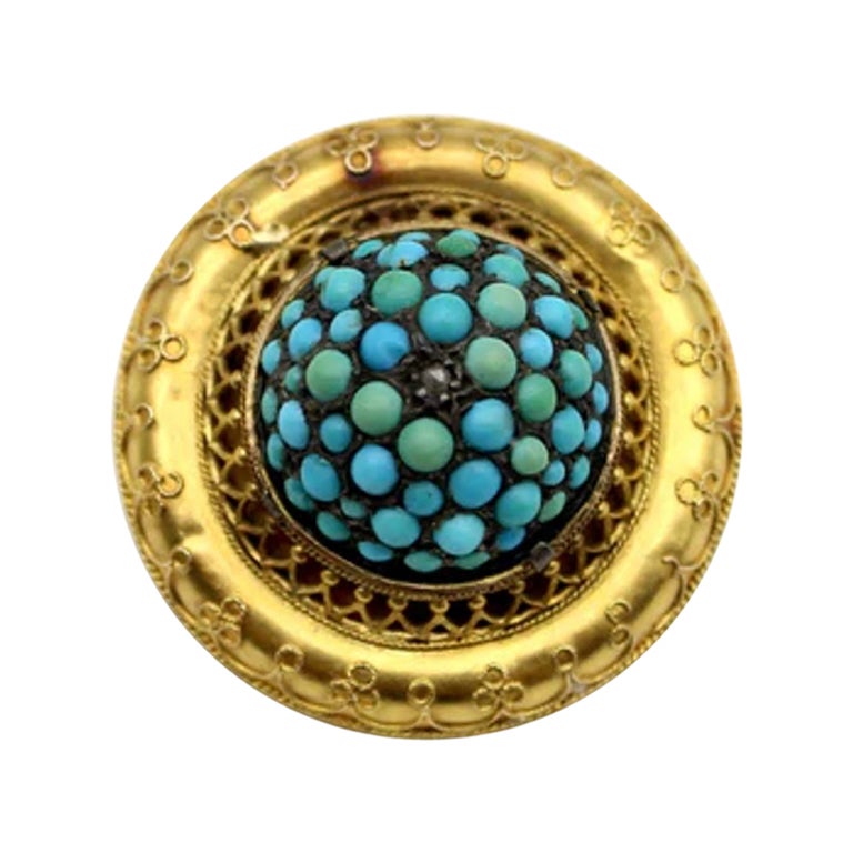 14K Gold Etruscan Revival Turquoise Cabochon, and Diamond Brooch For Sale