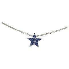 Handmade Diamonds Sapphires 18 Kt Gold Double Star Pendant and Necklace