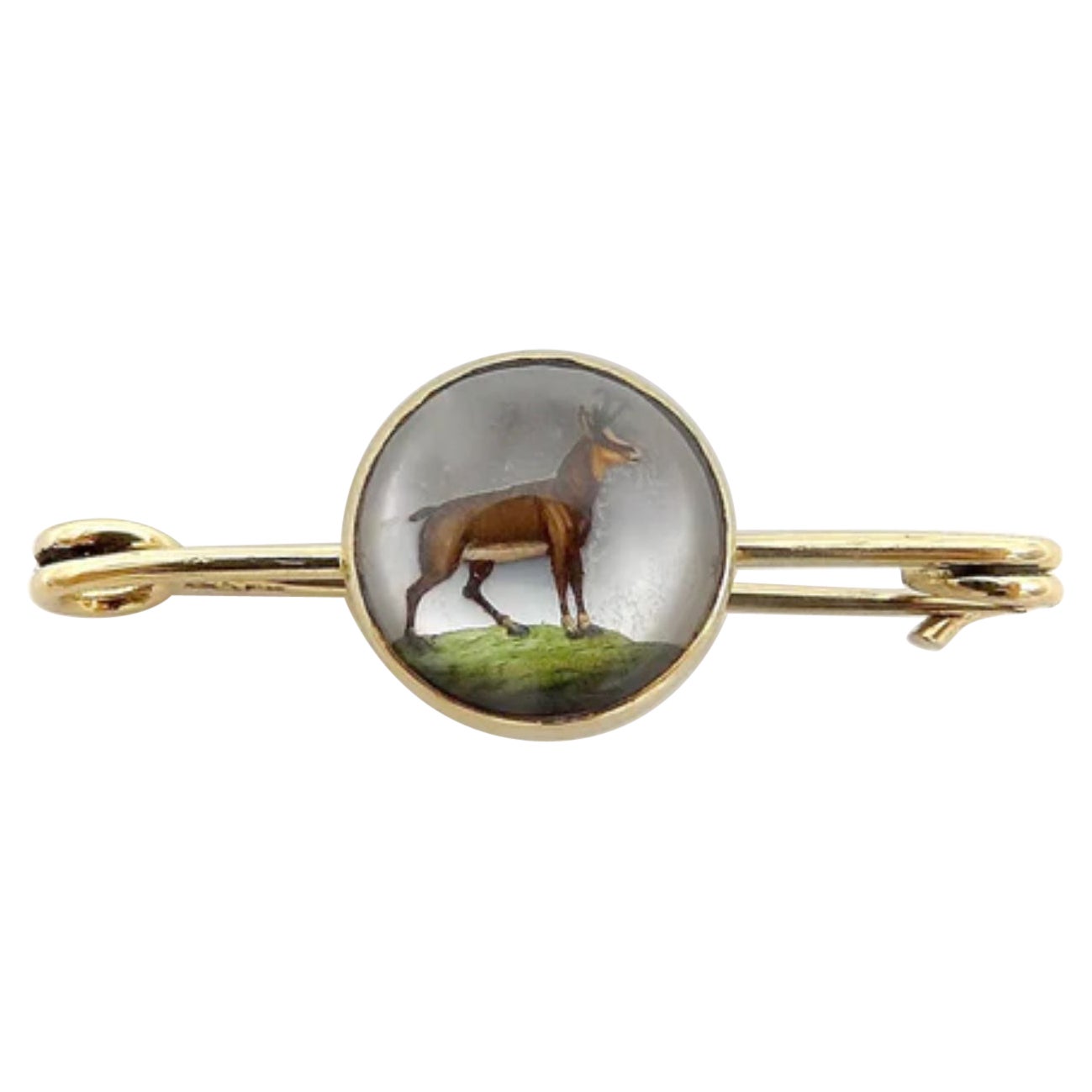 Edwardian 14K Gold Reverse Painted Essex Crystal Antelope Pin For Sale