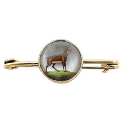 Antique Edwardian 14K Gold Reverse Painted Essex Crystal Antelope Pin