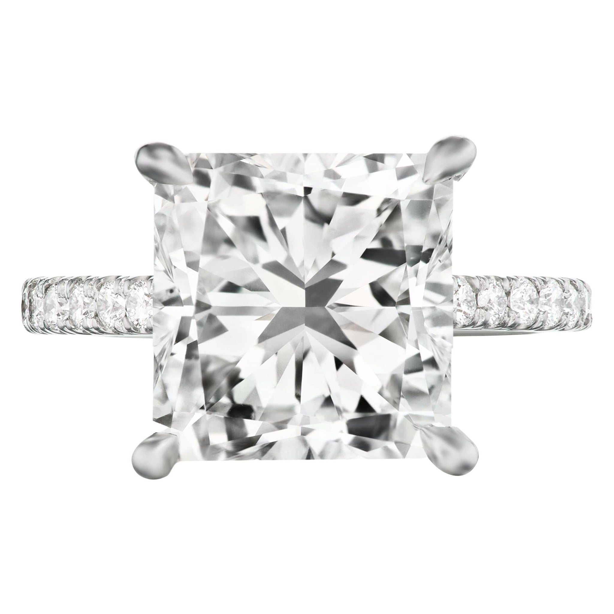 GIA Certified 4.31 Carat Princess Shape F Color Diamond Platinum Ring For Sale