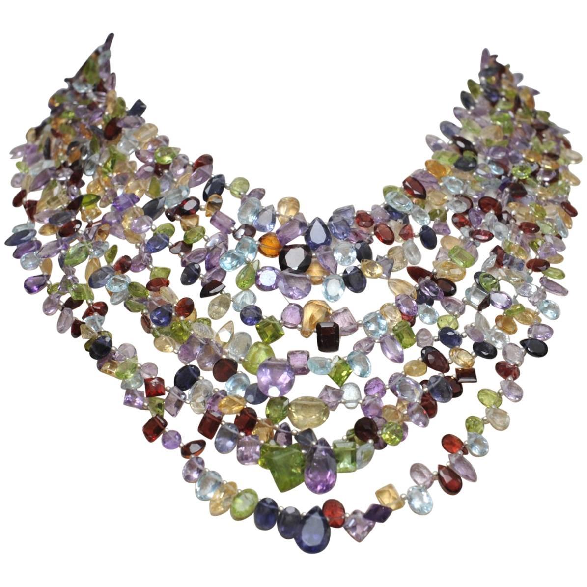 Exceptional Multi-Strand Faceted Semi-Precious and Sterling Necklace