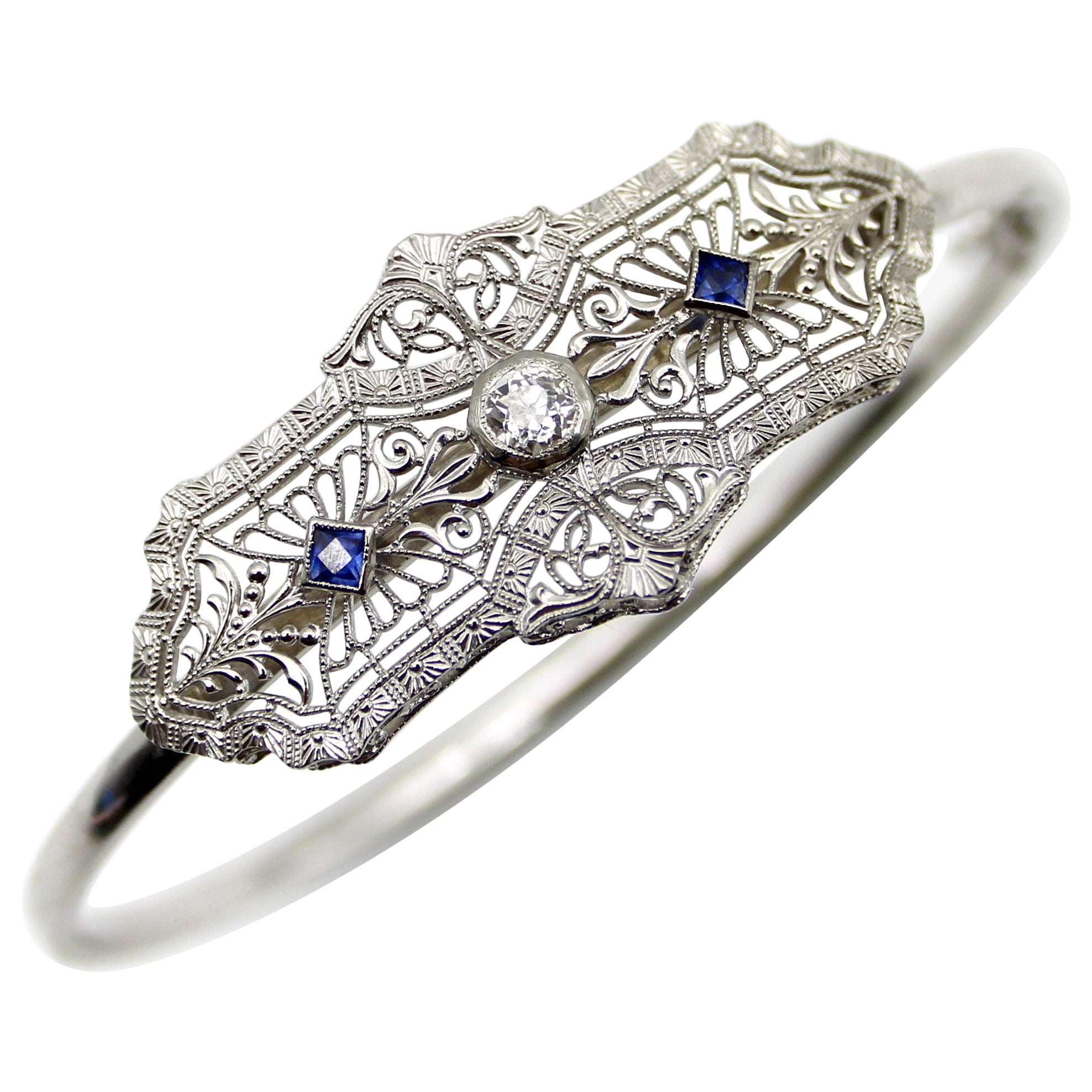 14K White Gold Art Deco Diamond & Sapphire Bracelet
