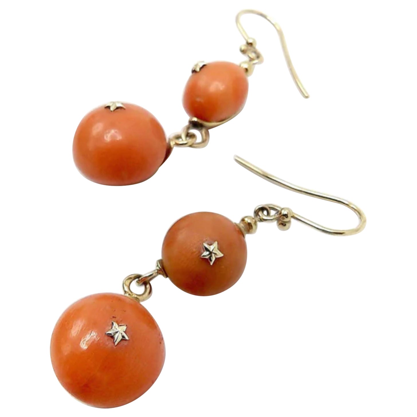 Victorian 18K Gold French Coral Ball Dangle Earrings, 1870 For Sale