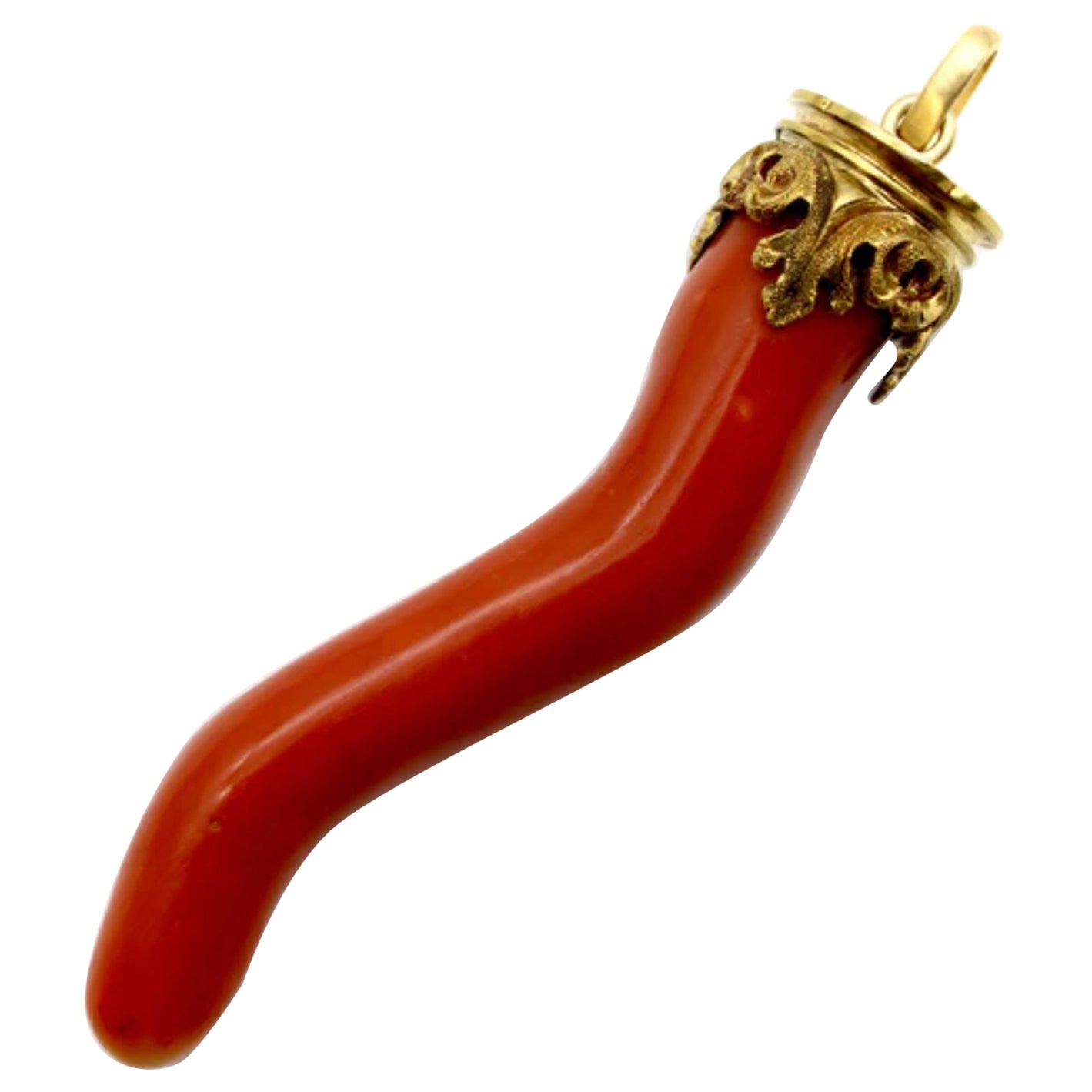 Victorian 18K Gold Capped Large Coral Large Cornicello Pendant For Sale