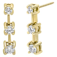 14K Yellow Gold 1/2 Carat Diamond 3 Stone Graduated Linear Drop Stud Earrings