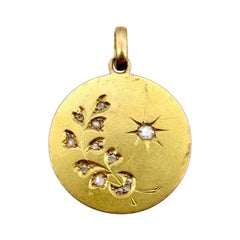 Antique Victorian 18K Gold Star, Moon, and Wheat Medallion with Rose Cut Diamonds