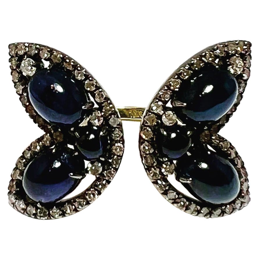 Art Deco Style 18k Yellow Gold Silver Diamond Sapphire Cocktail Butterfly Ring For Sale