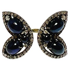 Art Deco Style 18k Yellow Gold Silver Diamond Sapphire Cocktail Butterfly Ring