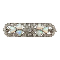 Edwardian Platinum Diamond and Heart Shaped Opal Brooch or Pendant