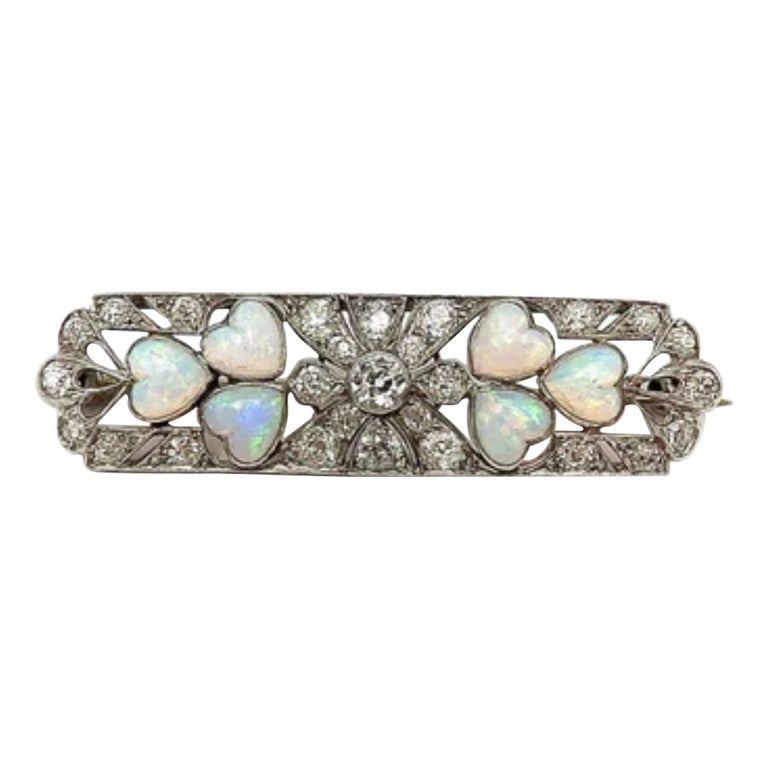 Edwardian Platinum Diamond and Heart Shaped Opal Brooch or Pendant For Sale