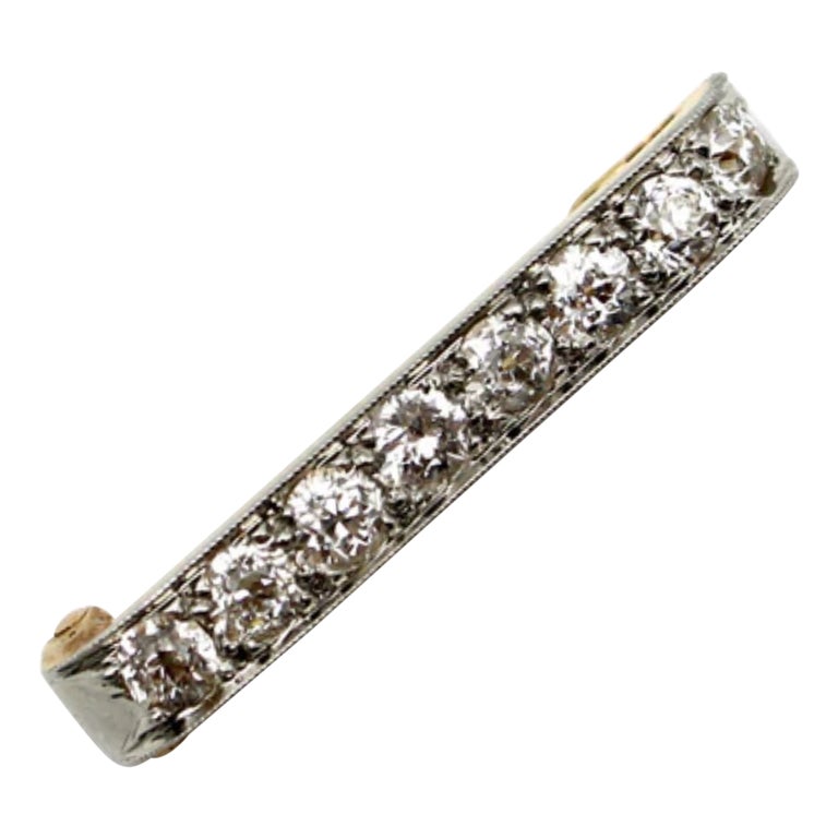Edwardian 14K Gold Platinum Topped Old Mine Cut Diamond Bar Pin For