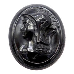 Antique Victorian Whitby Jet & 14K Gold Pendant-Brooch with Warrior Cameo