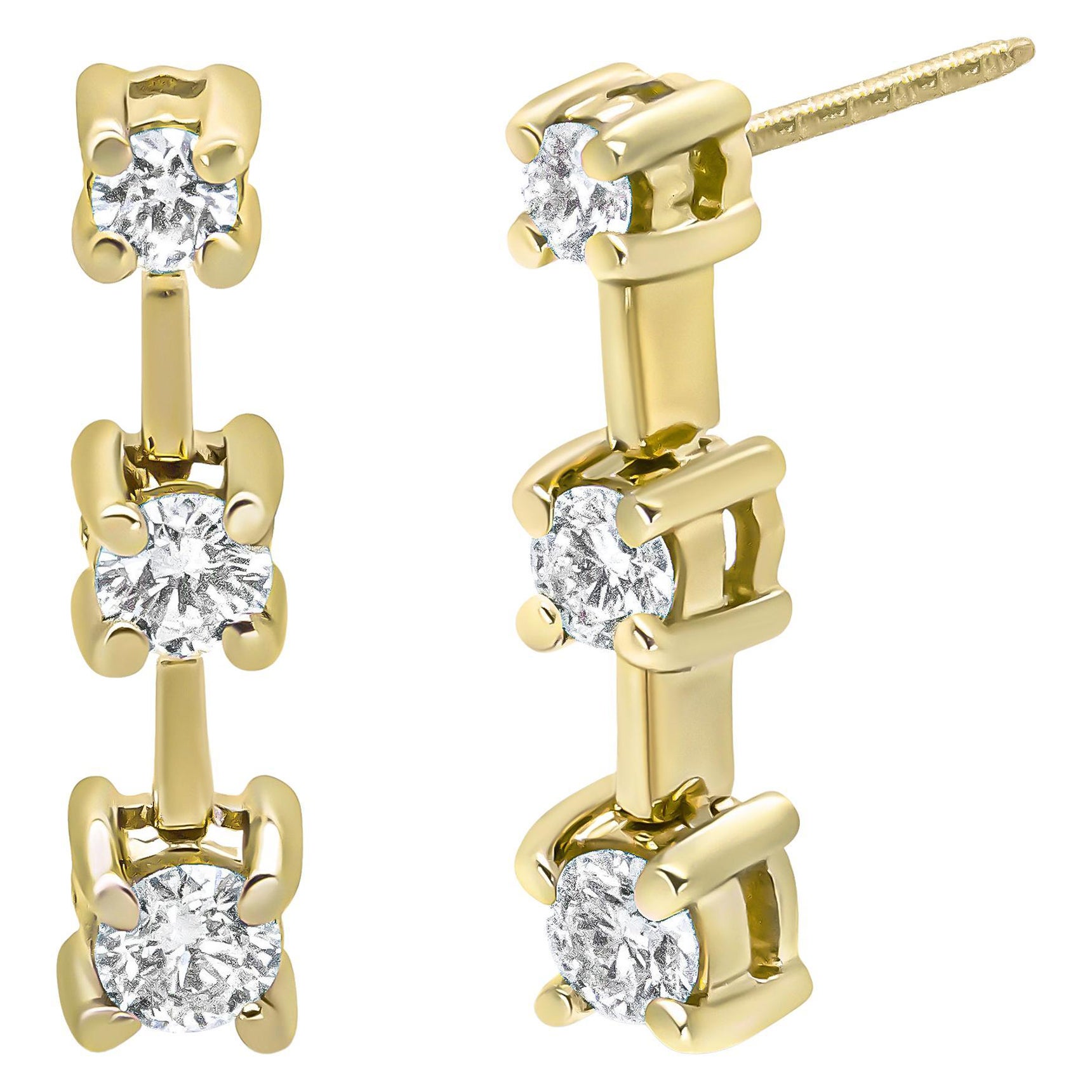 14K Yellow Gold 1/2 Carat Diamond 3 Stone Graduated Linear Drop Stud Earrings For Sale