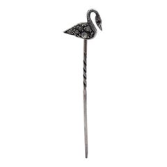 Antique Victorian Sterling Silver and Paste Swan Stickpin, circa 1890's