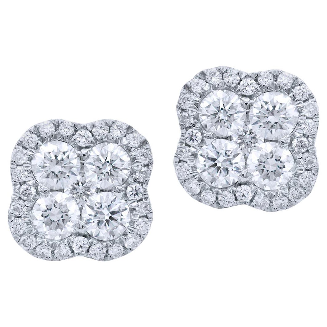14 Karat White Gold Diamond Cluster Stud Earrings with Halo For Sale