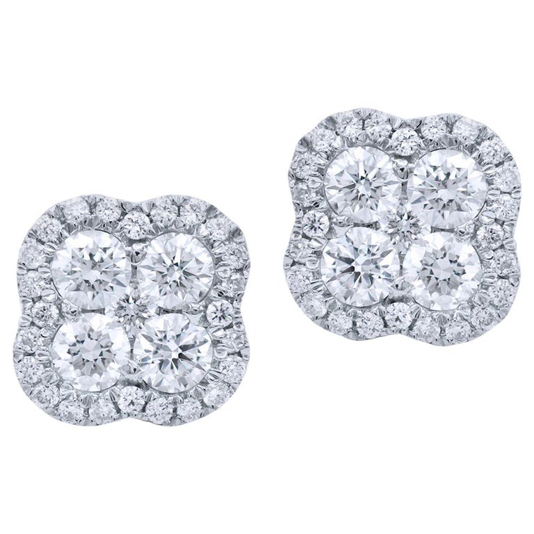 14 Karat White Gold Diamond Cluster Stud Earrings with Halo For Sale at ...