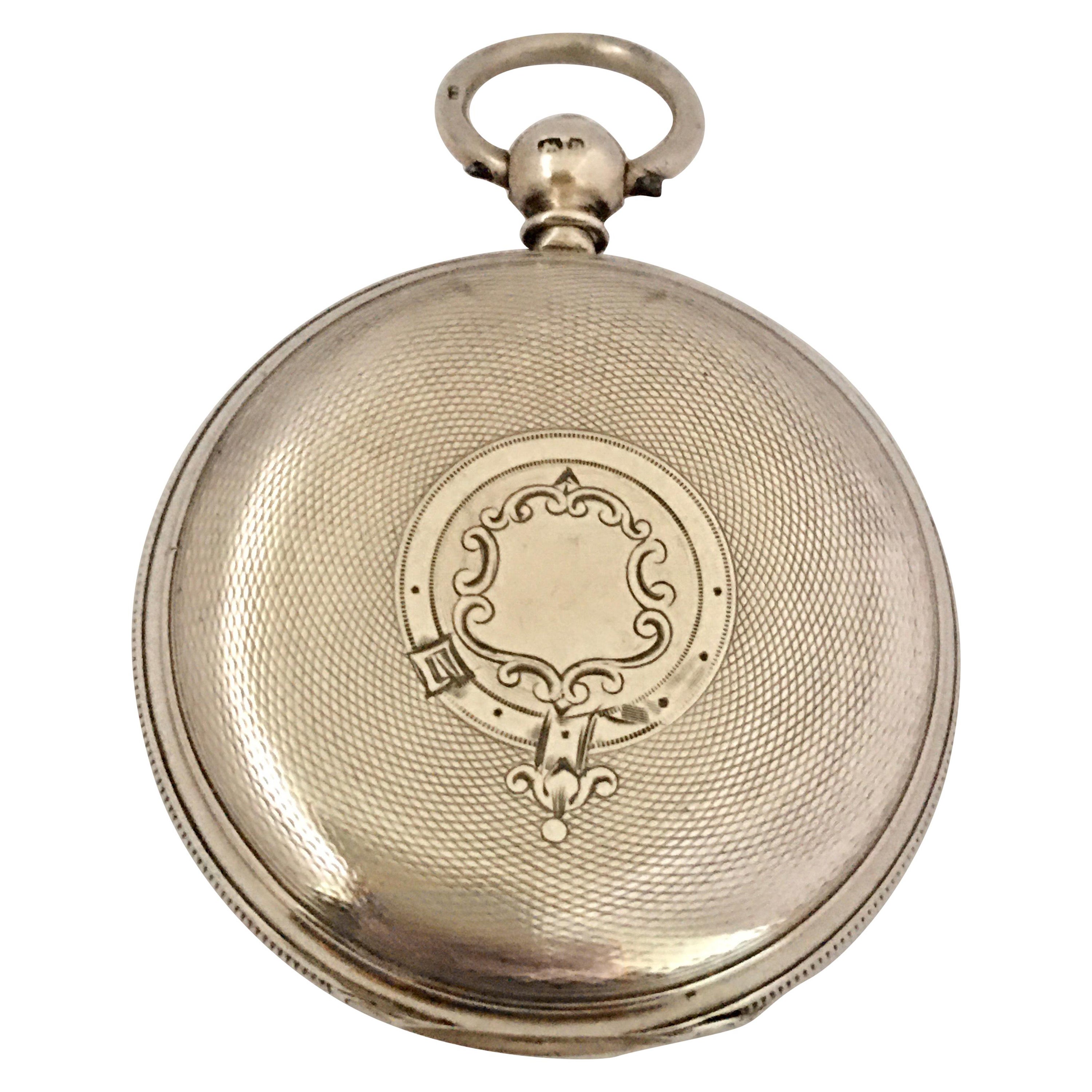 Early English Lever Fusee Silver Full Hunter Engine Turned Case Pocket Watch For Sale