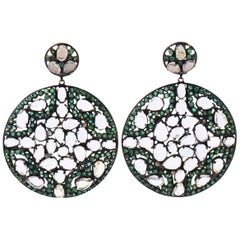 Green Tsavorite White Topaz and Diamond Silver Dangle Earrings with Gold Post