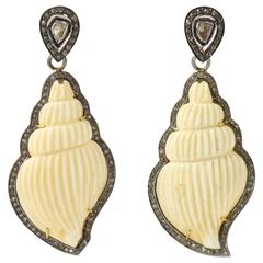 Long Carved Bone Shells and Diamond Dangling Earrings