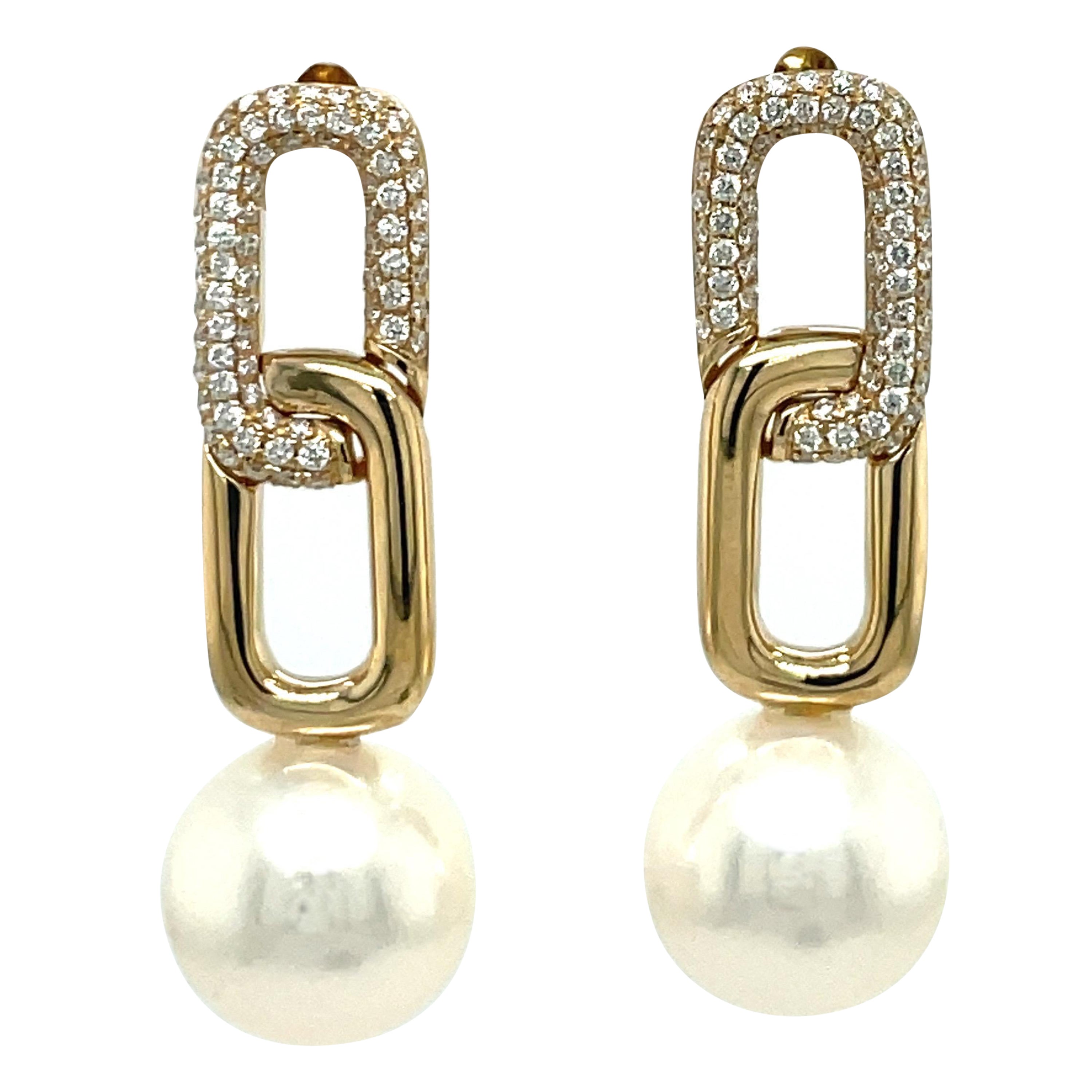 Diamond Cuban Link Drop Freshwater Pearl Earrings 0.46 Carats 14K Gold For Sale