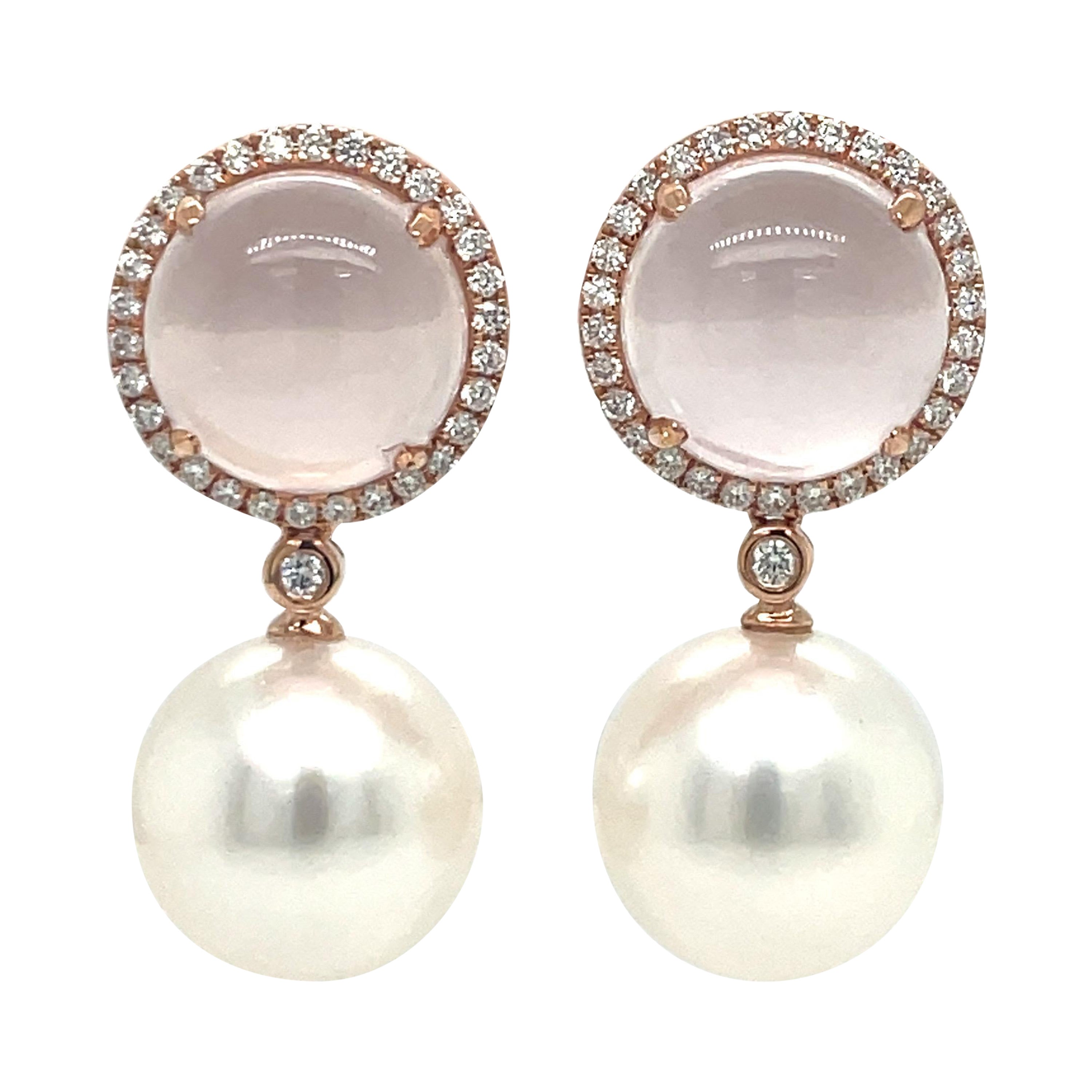 Rose Quartz Diamond South Sea Pearl Drop Earrings 12.20 Carats 18K Rose For Sale