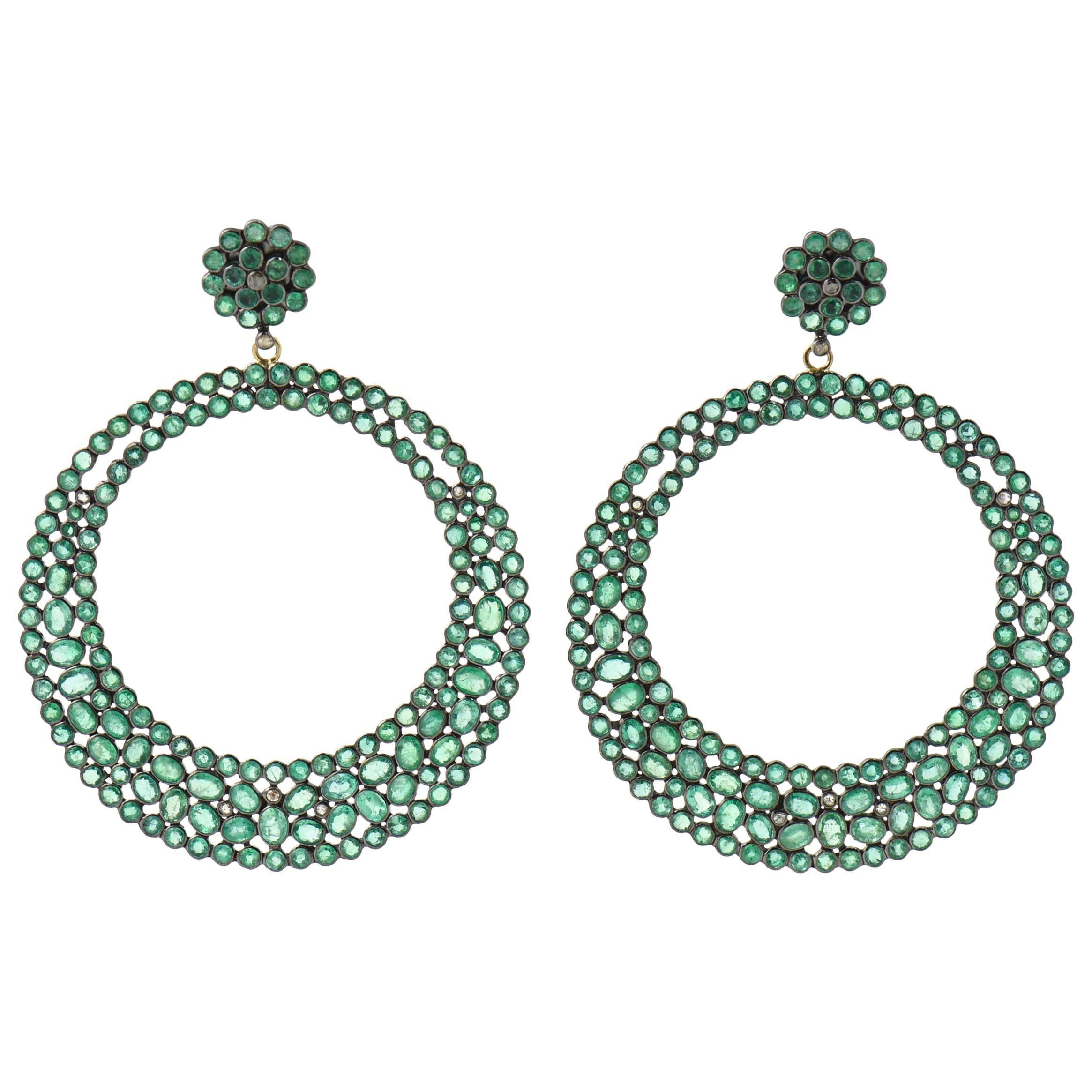 Emerald Diamond Stained Glass Style Dangling Earrings