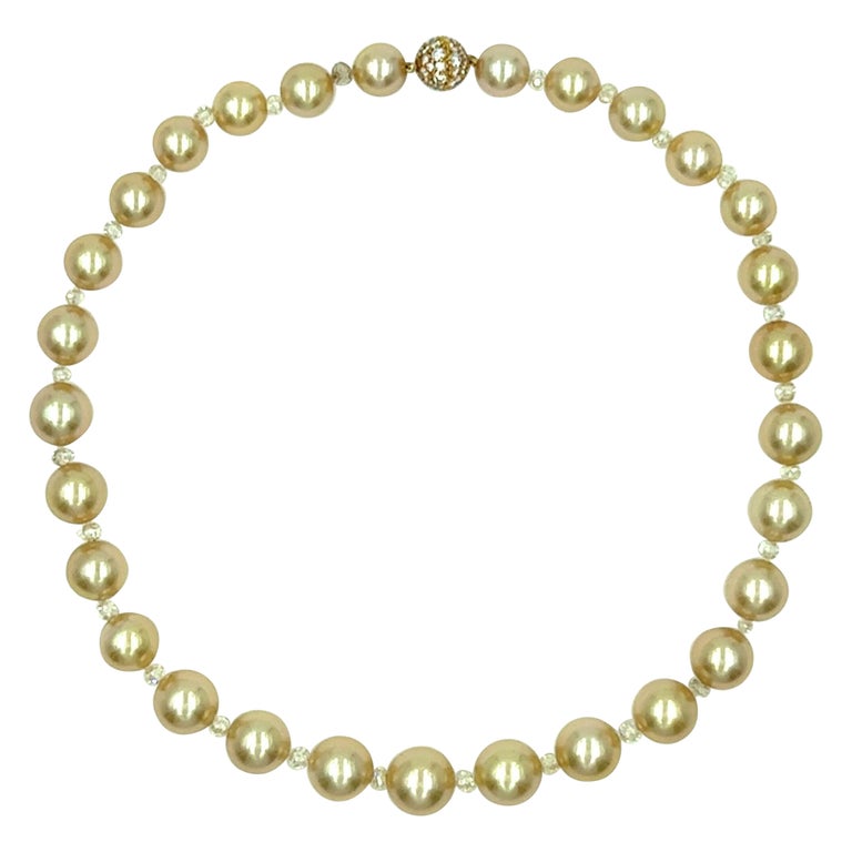 Golden South Sea Pearl and Diamond Bead Necklace For Sale at 1stDibs