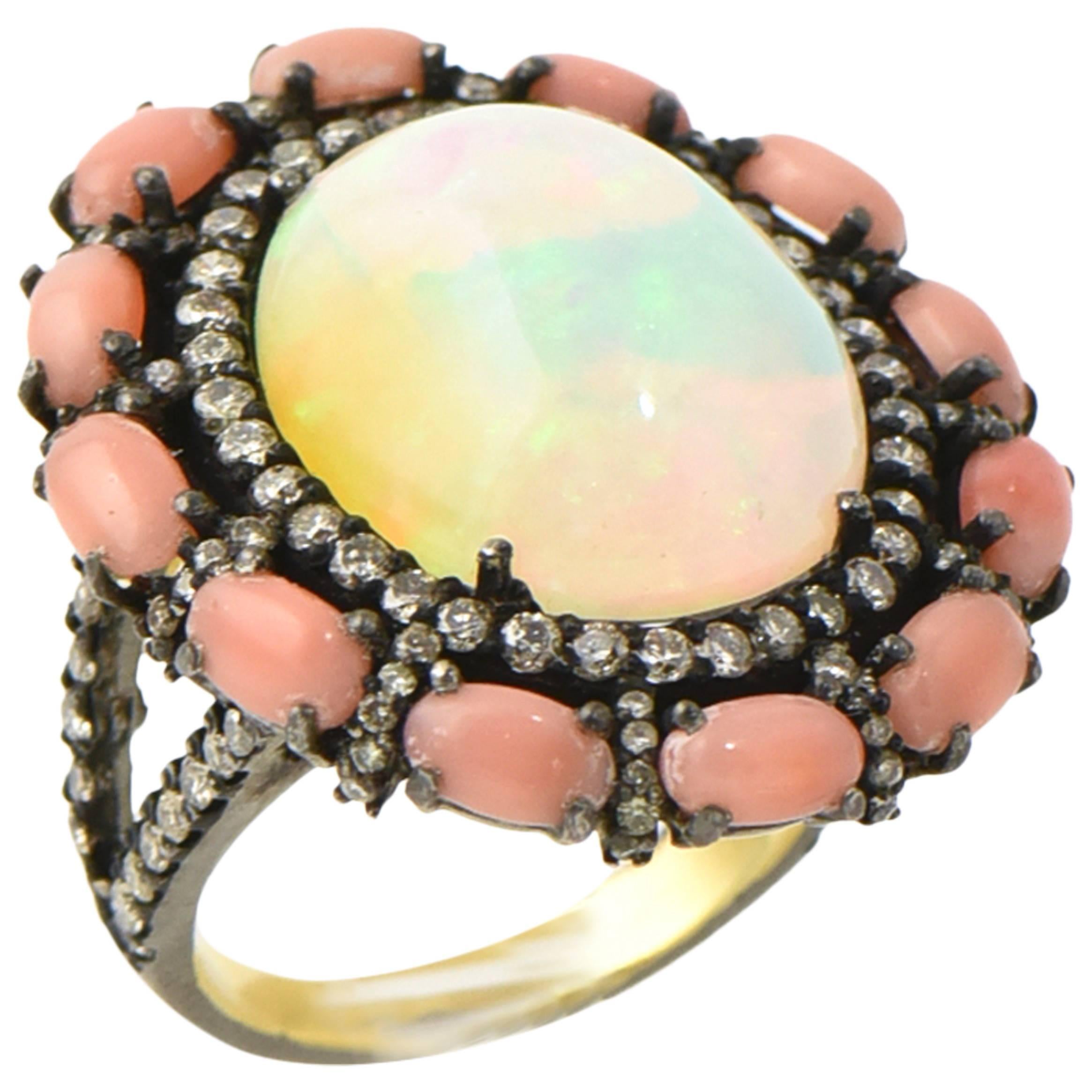 Crystal Opal, Coral and Diamond Cocktail Statement Ring