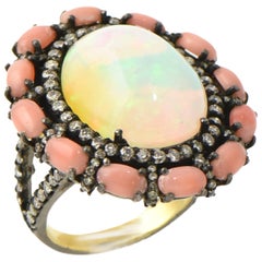 opal statement ring Crystal Opal, Coral and Diamond Cocktail Statement Ring