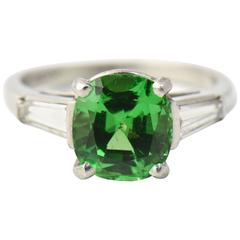 Cushion Shaped 2.78 Carat Tsavorite Garnet Diamond Platinum Ring 1