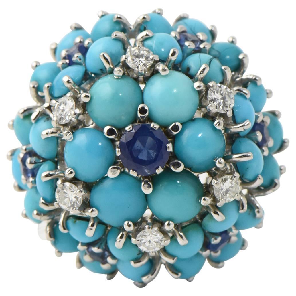 Mid 20th Century Sapphire, Turquoise and Diamond Gold Flower Dome Cocktail Ring