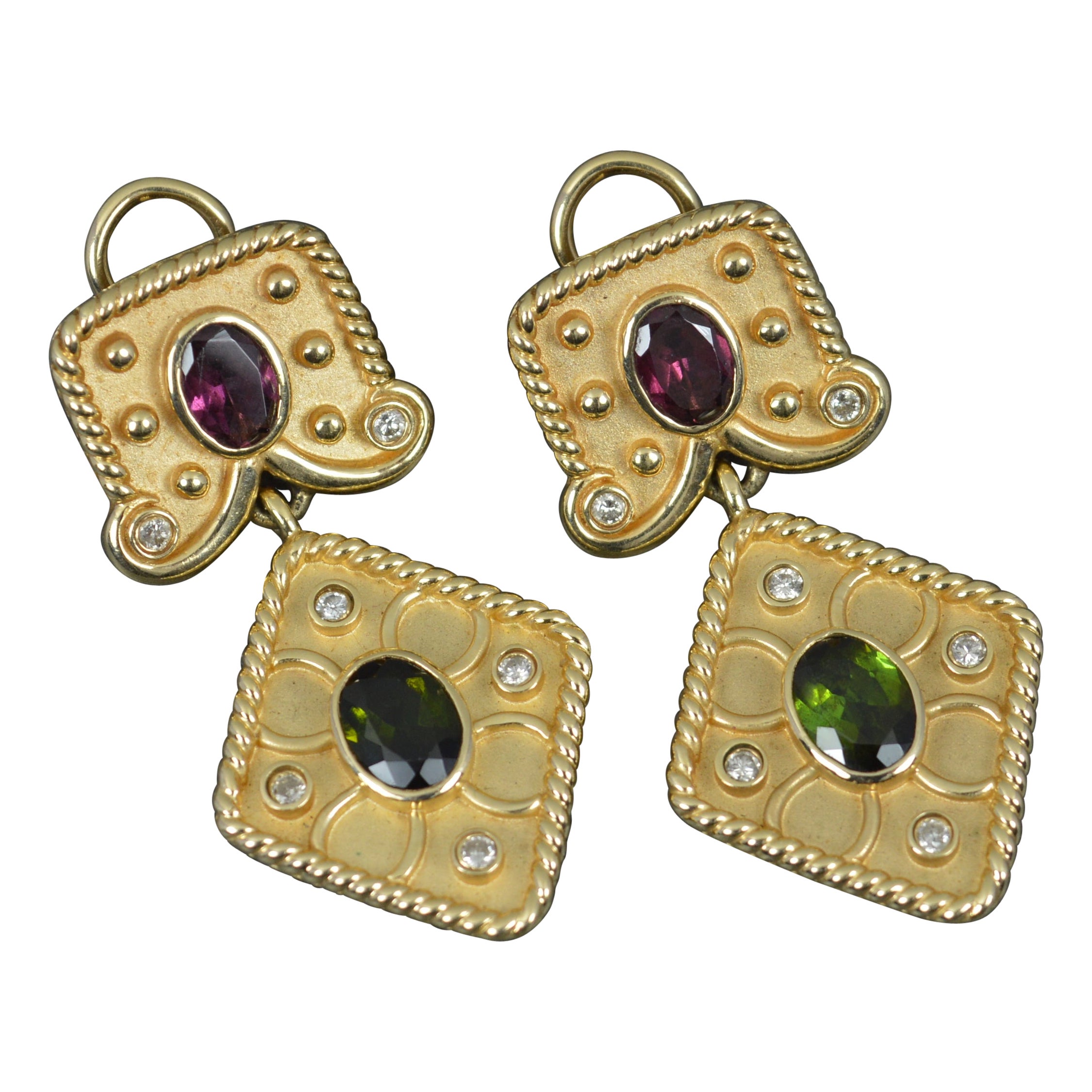 Beeindruckende schwere 14 Karat Gold Turmalin und Diamant-Tropfen-Ohrringe