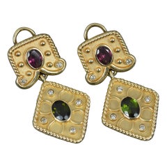 Vintage Impressive Heavy 14ct Gold Tourmaline and Diamond Drop Dangle Earrings