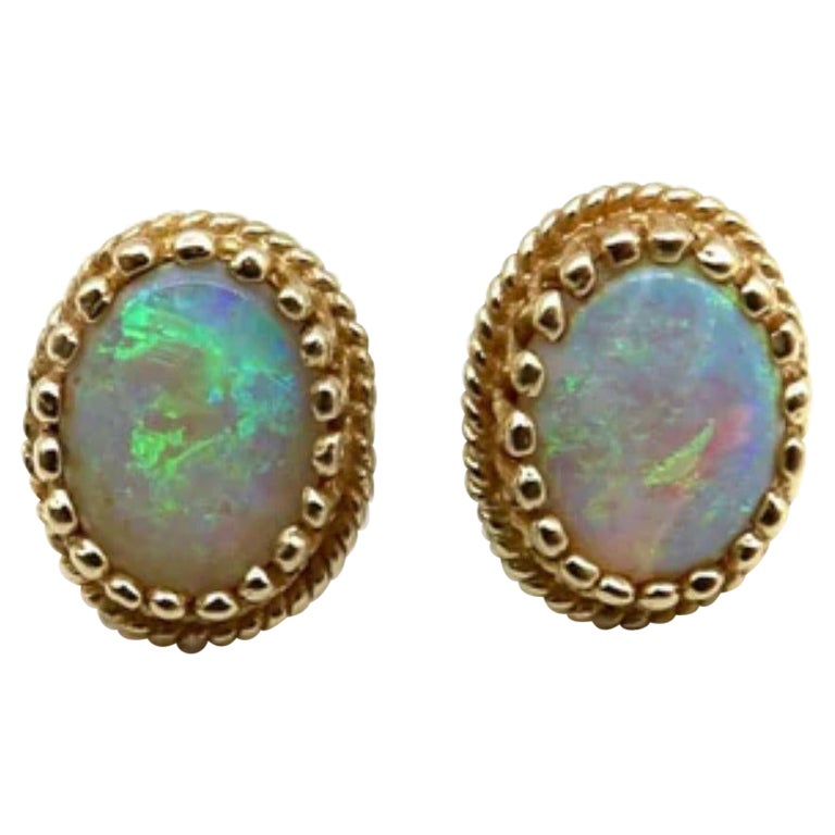 Vintage 14K Gold Oval Crown Set Opal Earrings For Sale at 1stDibs