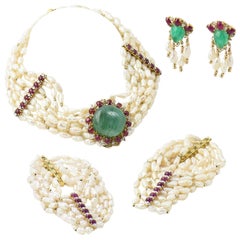 Emerald Ruby Pearl Diamond Gold Necklace Earring and Bracelet Suite