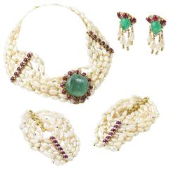 Custom Emerald Ruby Pearl Diamond Gold Necklace Earring and Bracelet Suite 7