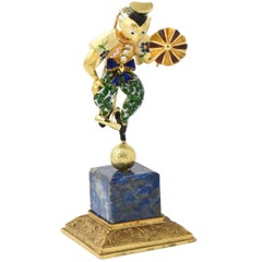 Italian Diamond Enamel Circus or Street Performer Brooch Statue and Stand
